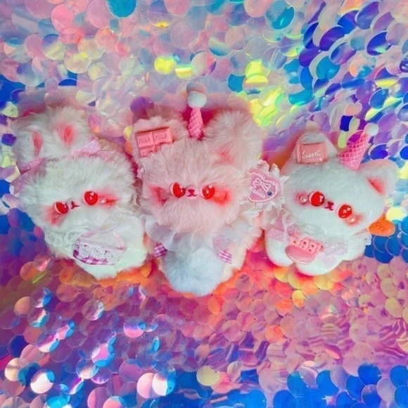 Strawberry Pink Sugar Cone Bunny Cat & Teddy Bear Plush Set